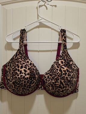 Ashley Stewart Leopard Print Bra with Burgundy Trim Size 46DD